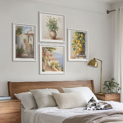 Zarámovaný set obrazov Citrónové kvetináče, rastliny, ulica