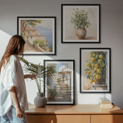 Zarámovaný set obrazov Citrónové kvetináče, rastliny, ulica
