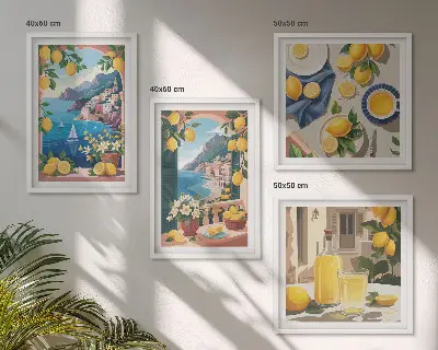Zarámovaný set obrazov talianske citróny s výhľadom na more