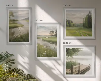 Zarámovaný set obrazov letné krajiny s riečnou lúkou