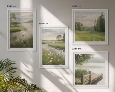 Zarámovaný set obrazov letné krajiny s riečnou lúkou