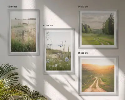 Zarámovaný set obrazov krajina s prírodou, poľami a slnkom