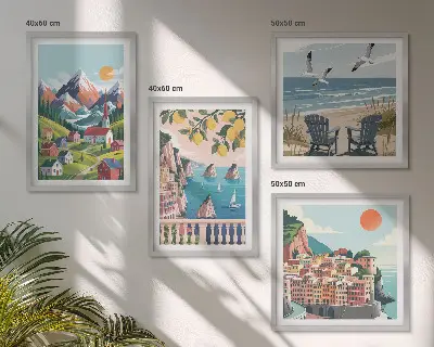 Farebné hory a pobrežné mestá zarámovaný set obrazov