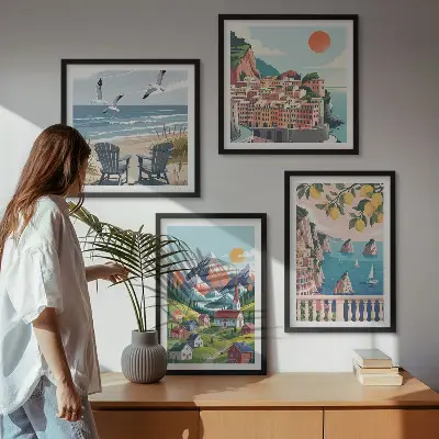 Farebné hory a pobrežné mestá zarámovaný set obrazov
