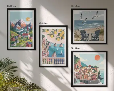 Farebné hory a pobrežné mestá zarámovaný set obrazov