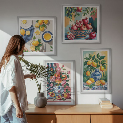 Zarámovaný set obrazov Kvety a ovocie vo vázach