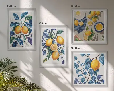 Zarámovaný set obrazov Citrónové konáre s modrými listami zarámovaný set obrazov