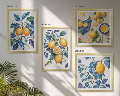 Zarámovaný set obrazov Citrónové konáre s modrými listami zarámovaný set obrazov