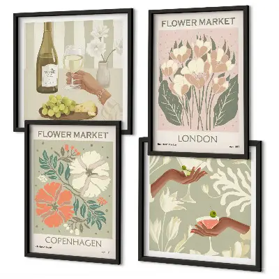 Zarámovaný set obrazov s motívom kvetov, vína a mesta