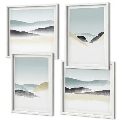 Zarámovaný set obrazov minimalistické pastelové farby s motívom hôr