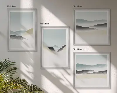 Zarámovaný set obrazov minimalistické pastelové farby s motívom hôr