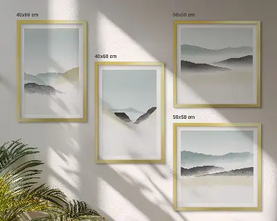 Zarámovaný set obrazov minimalistické pastelové farby s motívom hôr
