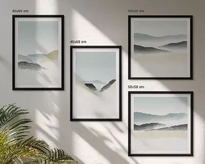 Zarámovaný set obrazov minimalistické pastelové farby s motívom hôr