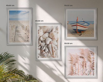Zarámovaný set obrazov Pláž, loď, mušle, tráva, boho