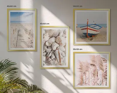Zarámovaný set obrazov s motívom pláže, lode, mušlí a trávy v boho štýle