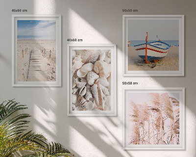 Zarámovaný set obrazov Pláž, loď, mušle, tráva, boho