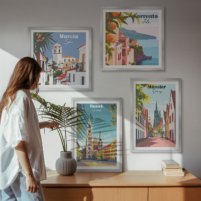 Zarámovaný set obrazov Európske mestá vo farebných ilustráciách