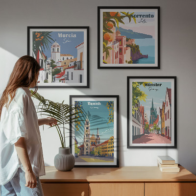 Zarámovaný set obrazov Európske mestá vo farebných ilustráciách