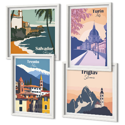 Zarámovaný set obrazov Ilustrácie retro architektúry hôr