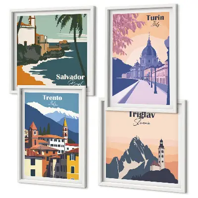Zarámovaný set ilustrácií s motívom retro architektúry hôr