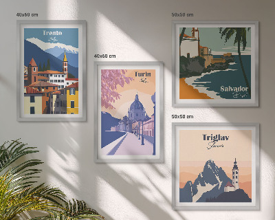 Zarámovaný set obrazov Ilustrácie retro architektúry hôr