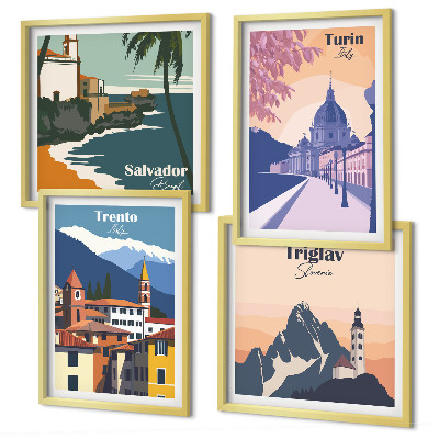 Zarámovaný set obrazov Ilustrácie retro architektúry hôr
