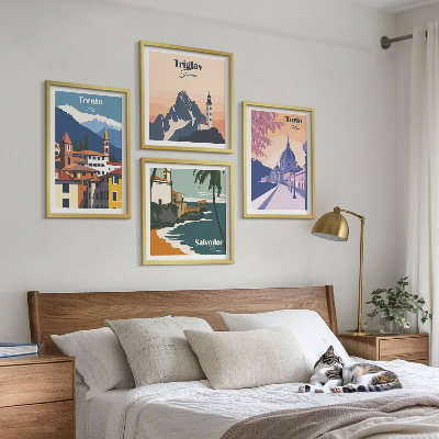 Zarámovaný set obrazov Ilustrácie retro architektúry hôr