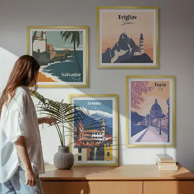 Zarámovaný set ilustrácií s motívom retro architektúry hôr