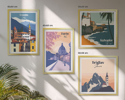 Zarámovaný set obrazov Ilustrácie retro architektúry hôr