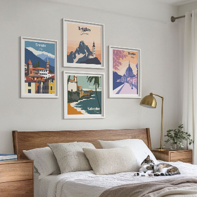 Zarámovaný set obrazov Ilustrácie retro architektúry hôr