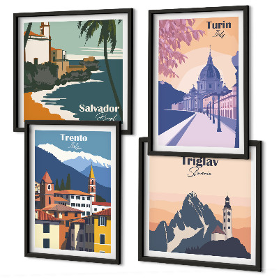 Zarámovaný set obrazov Ilustrácie retro architektúry hôr