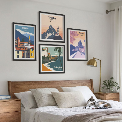 Zarámovaný set obrazov Ilustrácie retro architektúry hôr