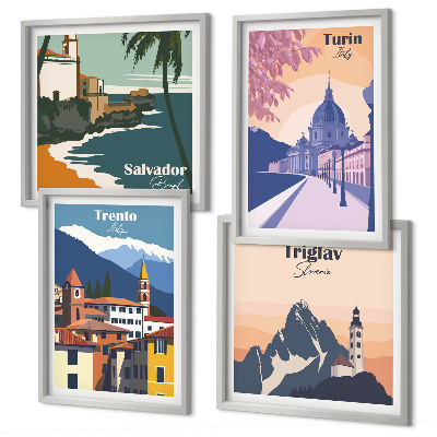 Zarámovaný set obrazov Ilustrácie retro architektúry hôr