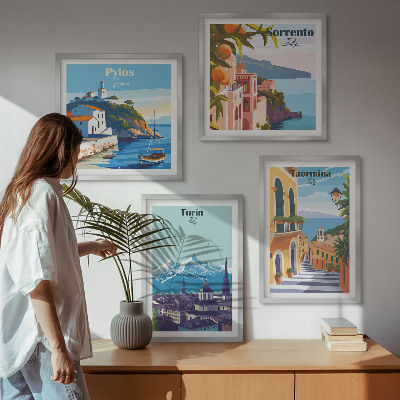 Zarámovaný set obrazov Farebné ilustrácie retro miest