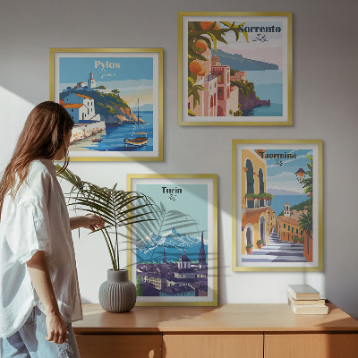 Zarámovaný set obrazov Farebné ilustrácie retro miest