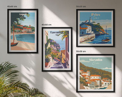 Zarámovaný set obrazov Ilustrácie prímorského mesta