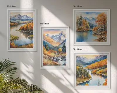 Dekoratívna sada obrazov s motívom jesennej rieky s výhľadom na hory