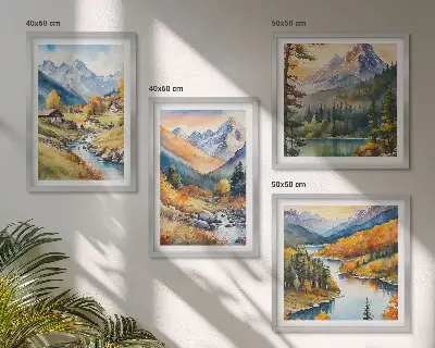Zarámovaný set obrazov horská krajina s riečnymi chatami