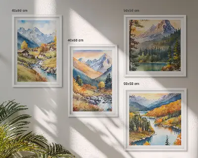 Zarámovaný set obrazov horská krajina s riečnymi chatami