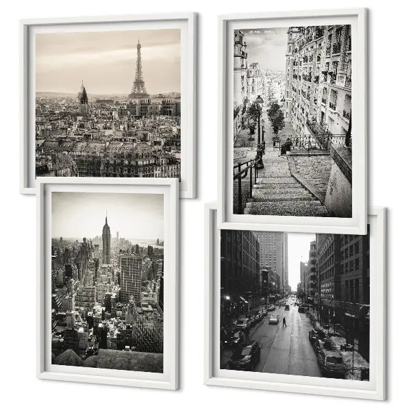 Zarámovaný set obrazov výhľady na Paríž a New York so schodiskom