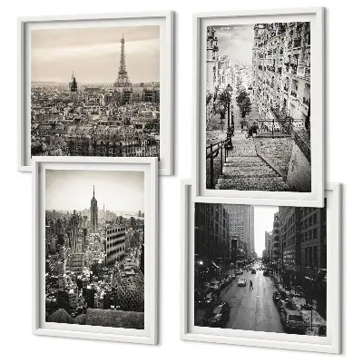 Zarámovaný set obrazov výhľady na Paríž a New York so schodiskom