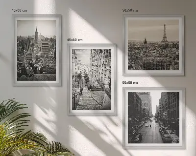 Zarámovaný set obrazov výhľady na Paríž a New York so schodiskom