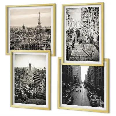 Zarámovaný set obrazov výhľady na Paríž a New York so schodiskom
