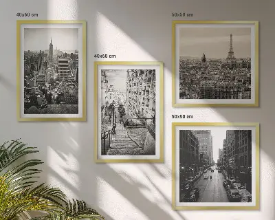 Zarámovaný set obrazov výhľady na Paríž a New York so schodiskom