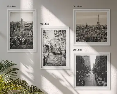 Zarámovaný set obrazov výhľady na Paríž a New York so schodiskom