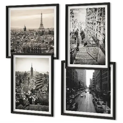 Zarámovaný set obrazov výhľady na Paríž a New York so schodiskom
