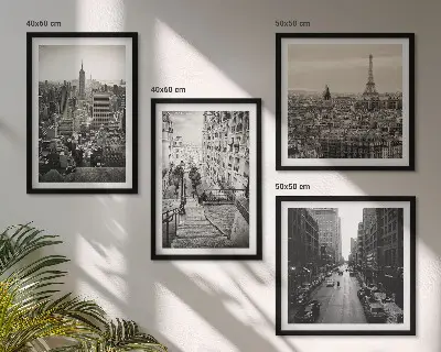 Zarámovaný set obrazov výhľady na Paríž a New York so schodiskom