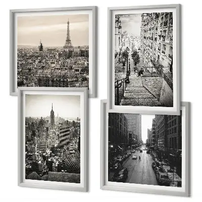 Zarámovaný set obrazov výhľady na Paríž a New York so schodiskom