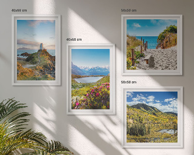 Zarámovaný set obrazov Pláž, maják, hory, lúky, kvety