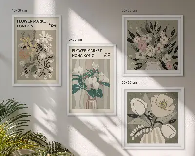 Dekoratívna sada obrazov s motívom kvetinových ilustrácií Londýna a Hongkongu